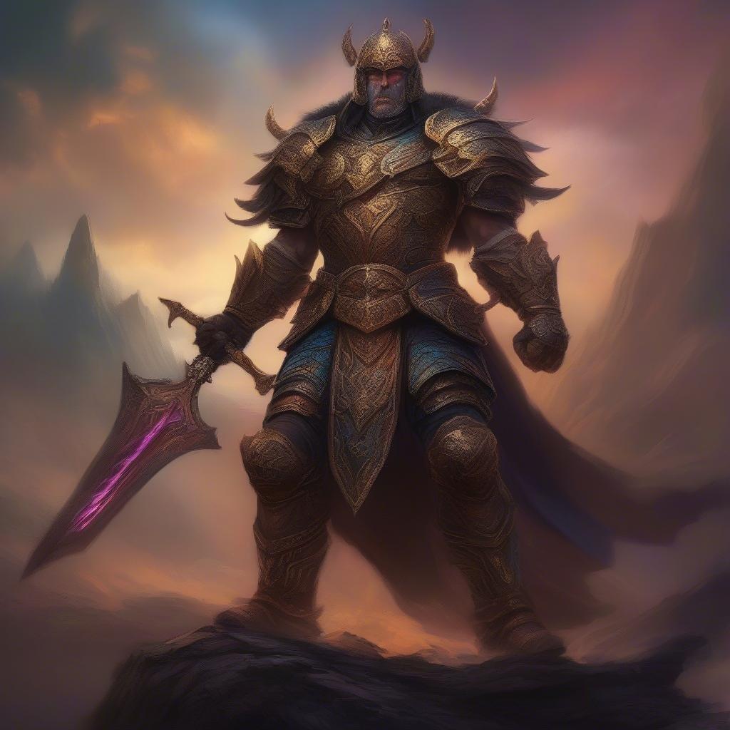 A powerful and regal warrior from a fantasy kingdom, standing atop an outcropping with a magical sword in hand.