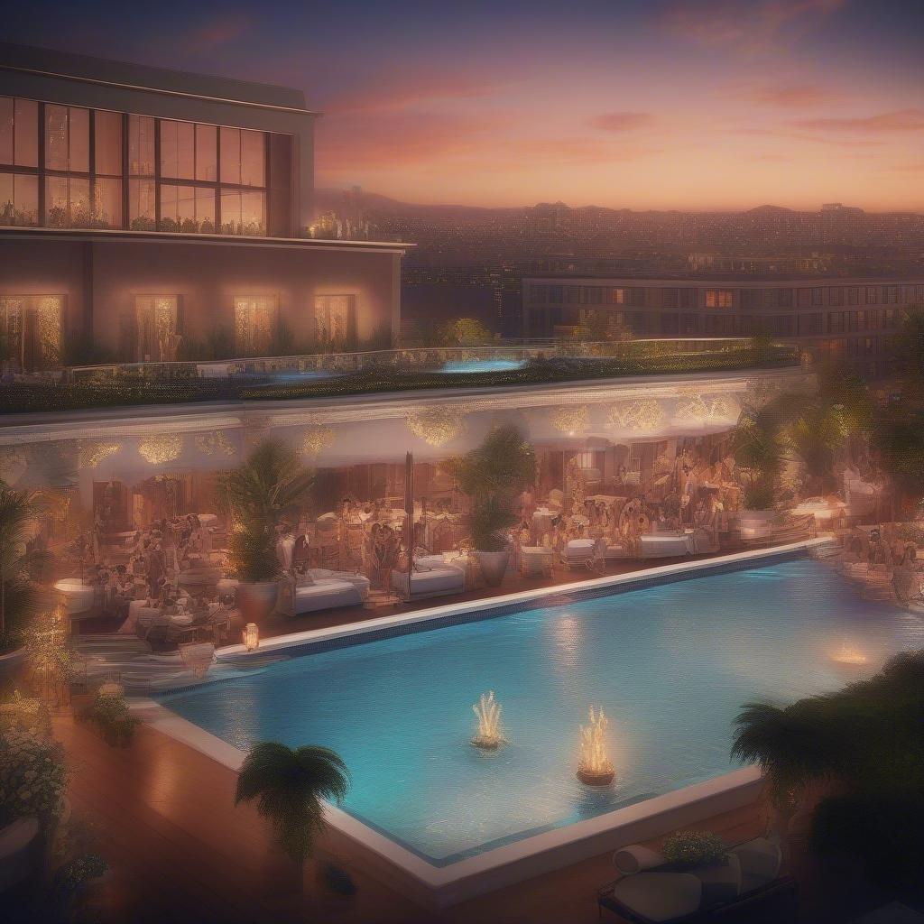 Enjoy a luxurious evening overlooking the city at sunset, with swimming pool and elegant rooftop ambiance.