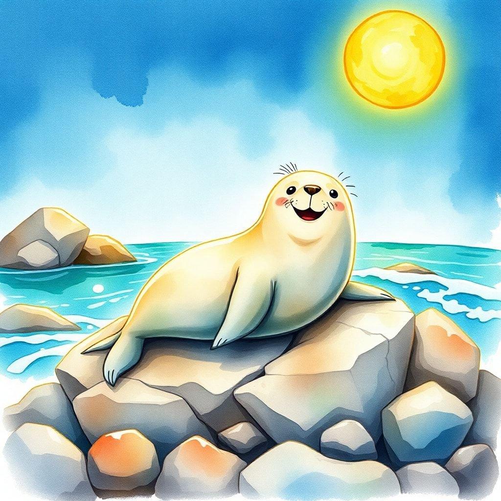 Questa carta da parati presenta una foca felice seduta su alcune rocce vicino all'oceano. La foca guarda il cielo con un grande sorriso sul volto. Il sole splende sulla foca e l'acqua è calma e pacifica.