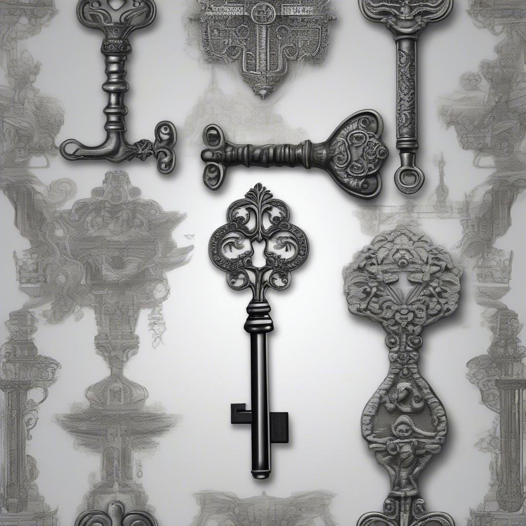 Add a touch of elegance and sophistication to your space with this stunning black and white wallpaper featuring a collection of ornate keys.