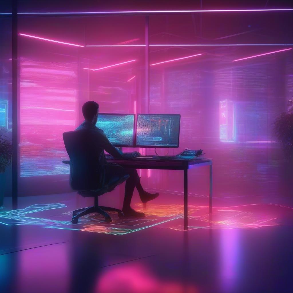 Immerse yourself in the futuristic world of technology with this vibrant neon cyberpunk desktop wallpaper.