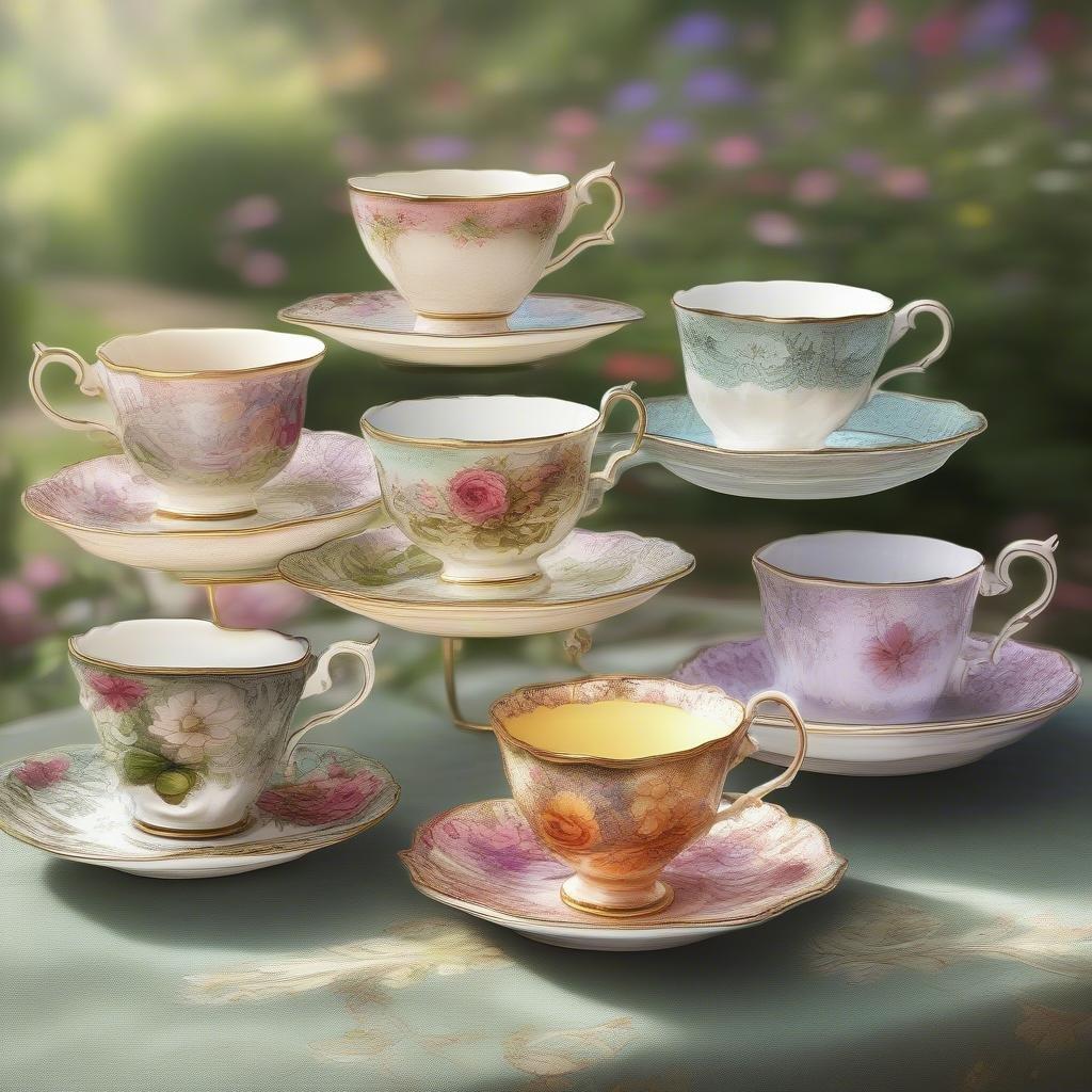 A delightful scene of afternoon tea, featuring an assortment of teacups on a tiered stand. The image evokes the charm and elegance associated with traditional English tea parties.