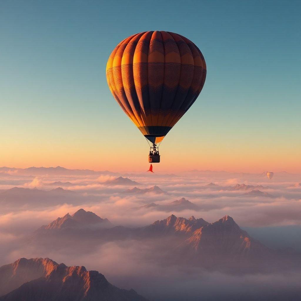 A picturesque view of a hot air balloon ascending above majestic mountains at the break of dawn, offering an adventurous sight for travel enthusiasts.