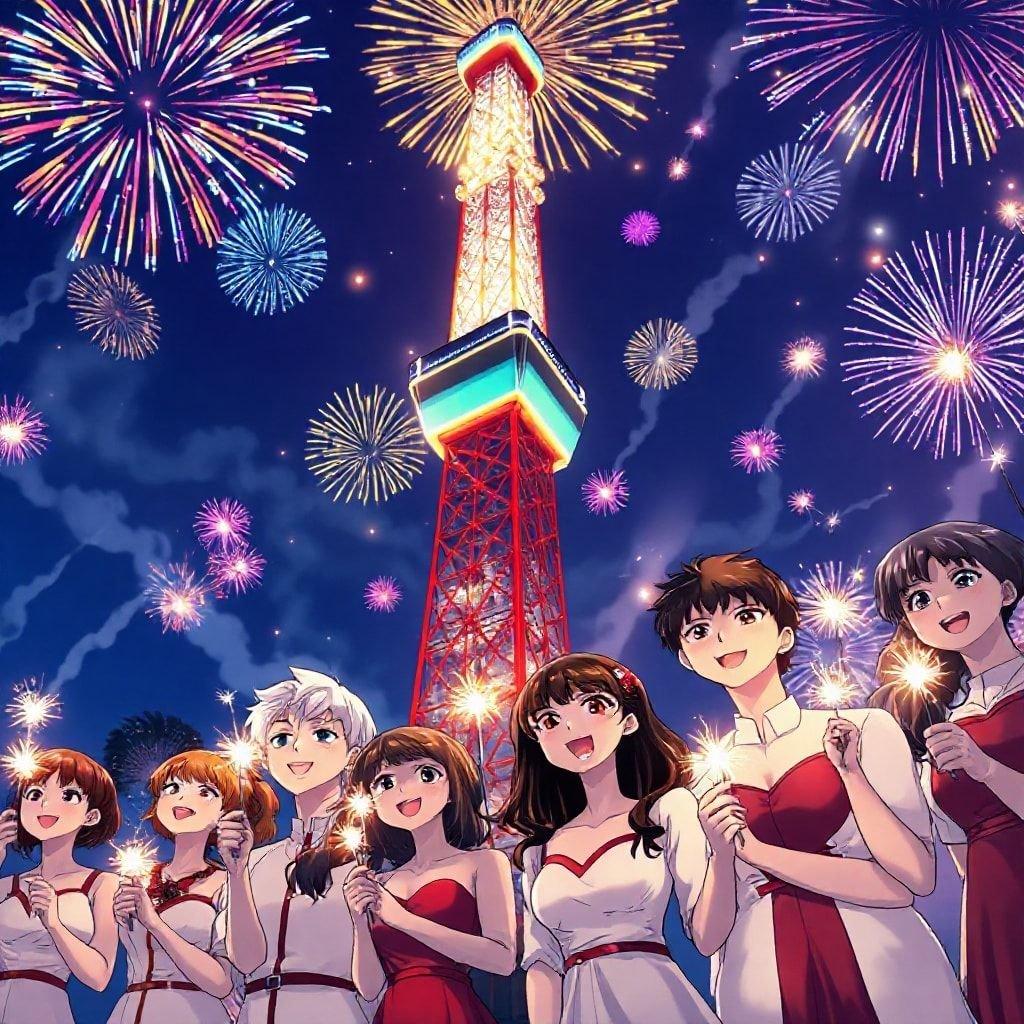 A group of people at the Tokyo Tower, surrounded by fireworks, with a whimsical touch.