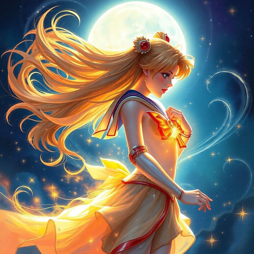 Add a touch of anime magic to your digital life with this stunning wallpaper featuring Sailor Moon in her iconic yellow sailor fuku.