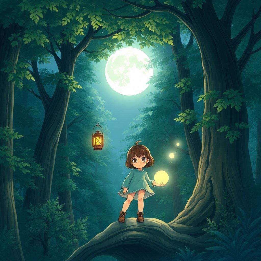 Immerse yourself in the enchanting world of anime with this captivating forest scene wallpaper. The young girl's lantern and glowing spherical object add a touch of magic to the already breathtaking scenery.