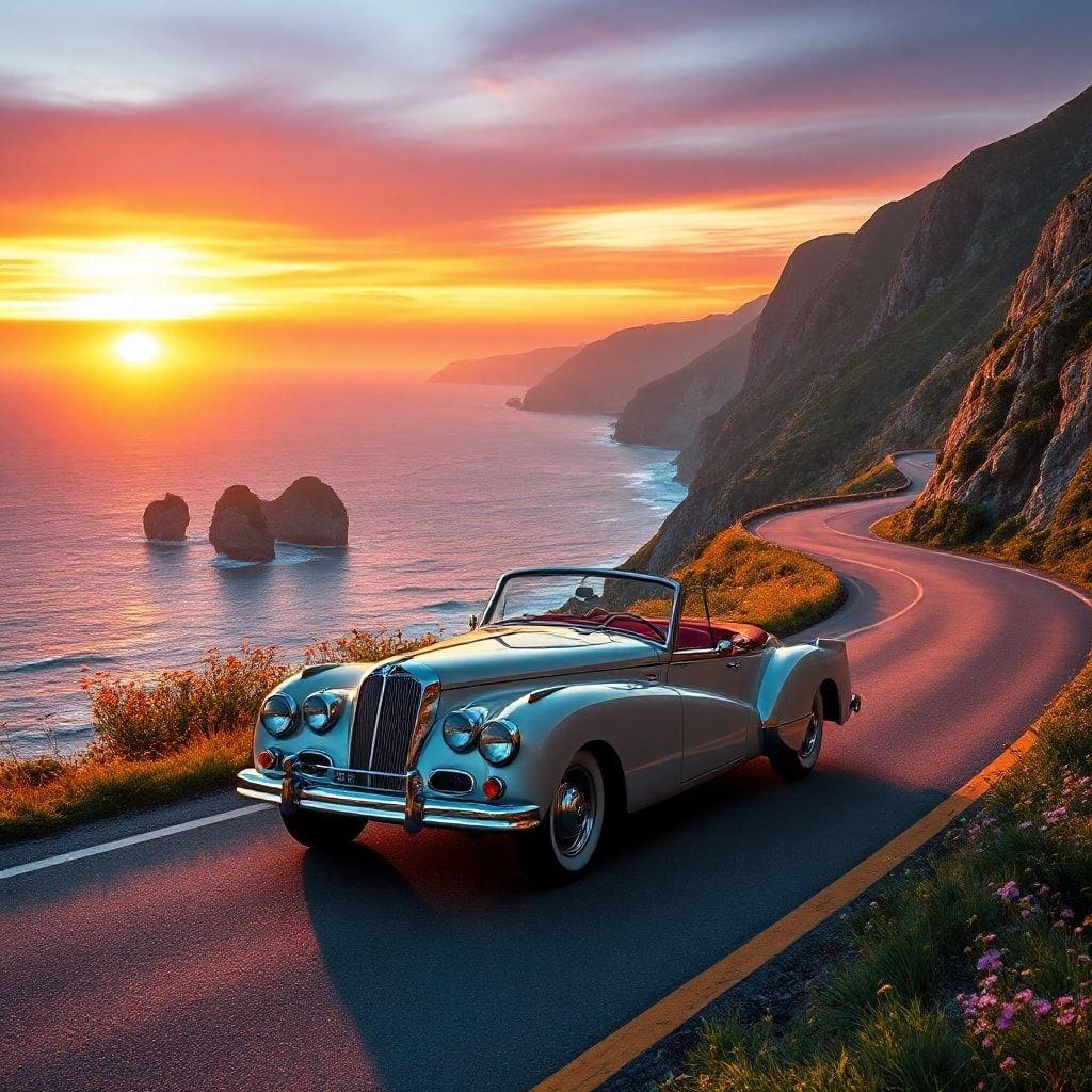 Take a scenic drive with this classic beauty. This vintage Mercedes-Benz convertible is the perfect vehicle for a sunset tour on the coast. The golden light of dusk adds a serene touch to your journey along the seaside road.