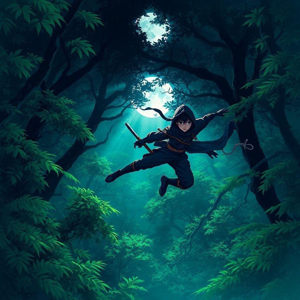 This captivating anime wallpaper features a young ninja in mid-air, surrounded by the serene beauty of a moonlit forest.