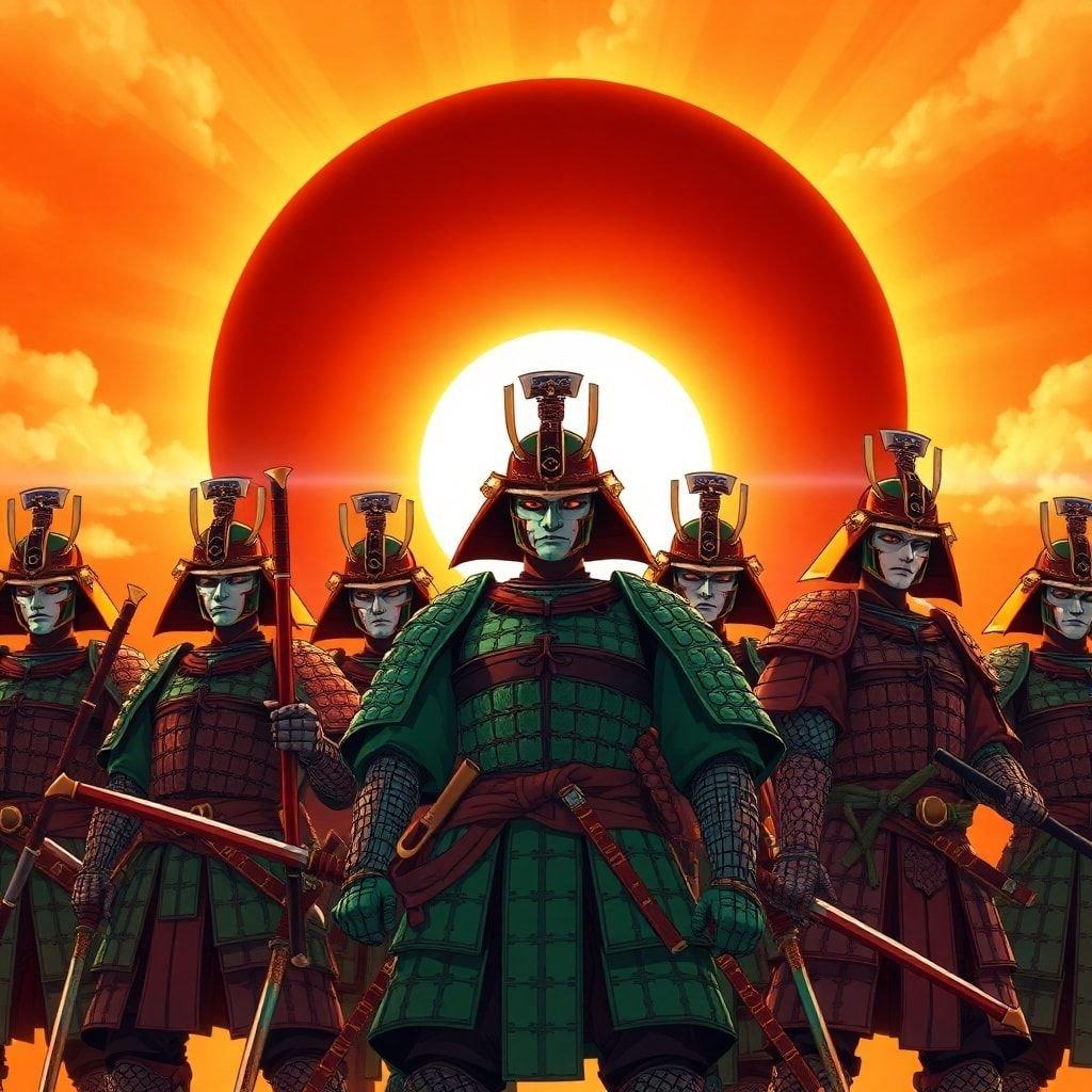 Erleben Sie die epische kampfbereite Formation von Samurai-Kriegern während einer Sonnenfinsternis, deren lebendige grüne und braune Rüstung sich gegen das helle orangefarbene Licht der Sonne abhebt.