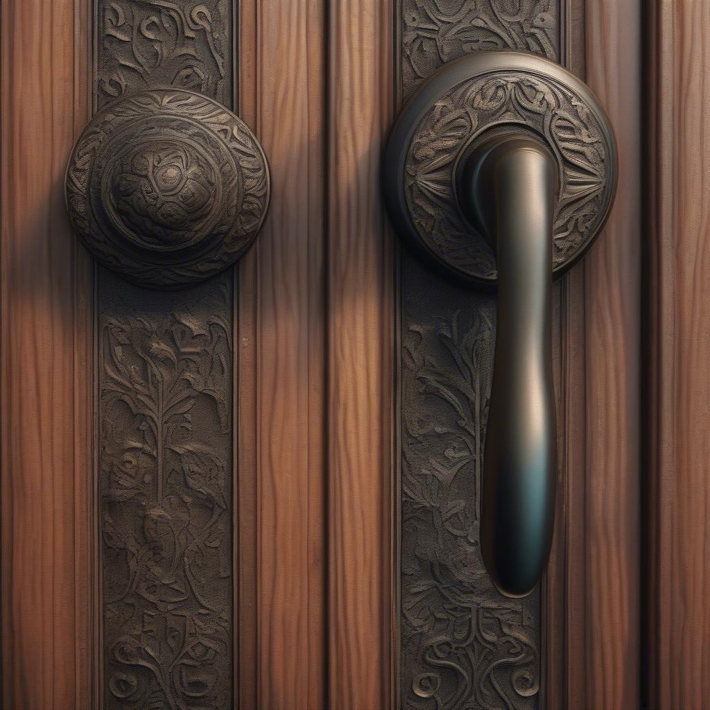 An elegant, intricately designed door knocker set against a wooden door with a rich texture.