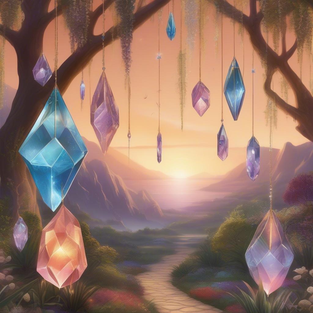 Stroll along an enchanted trail where gemstones dangle from the trees, casting a magical glow. The path is surrounded by mountains under a mesmerizing sunset.