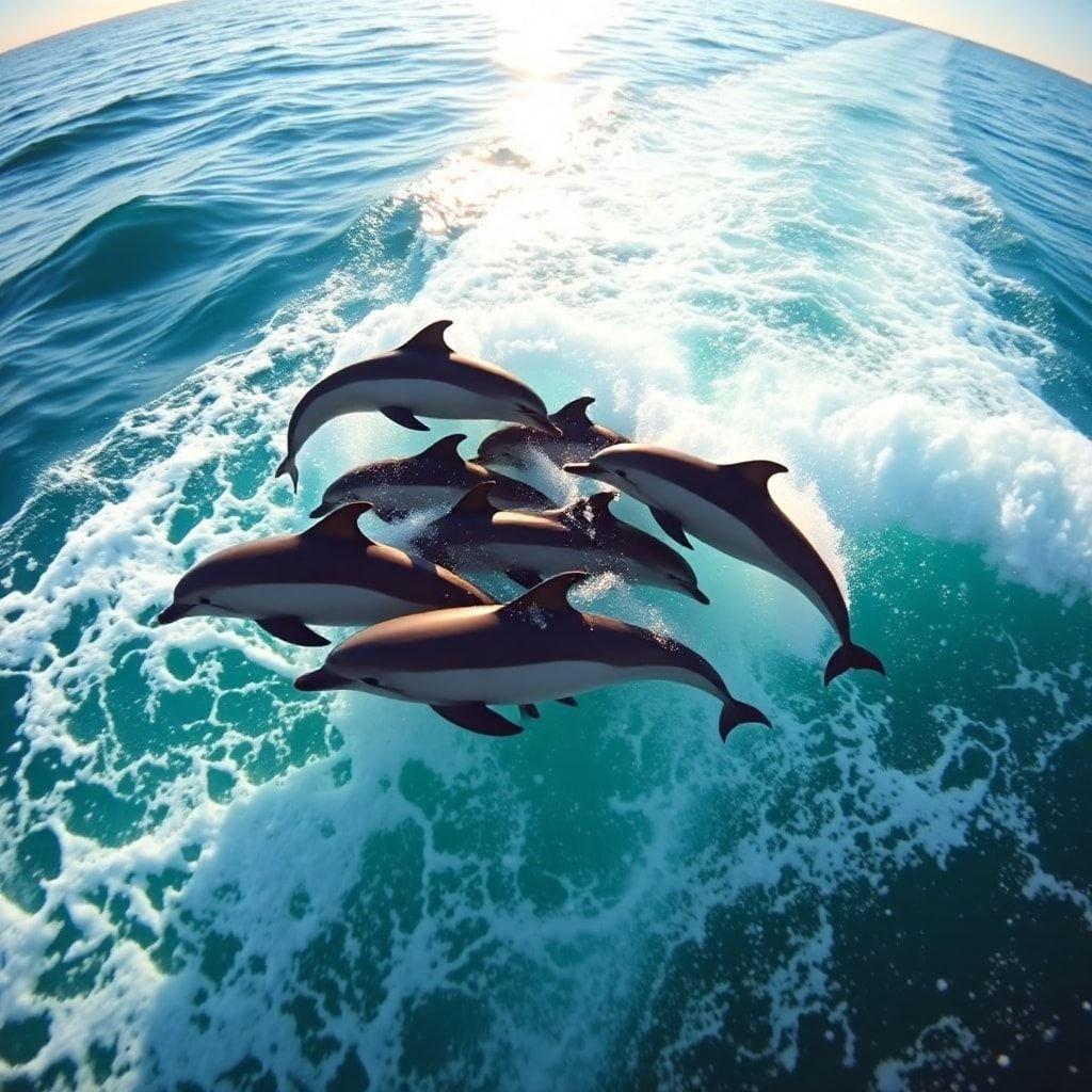 Sumérgete en el sereno mundo bajo las olas con estos delfines juguetones, disfrutando de un momento al sol en su aventura oceánica.