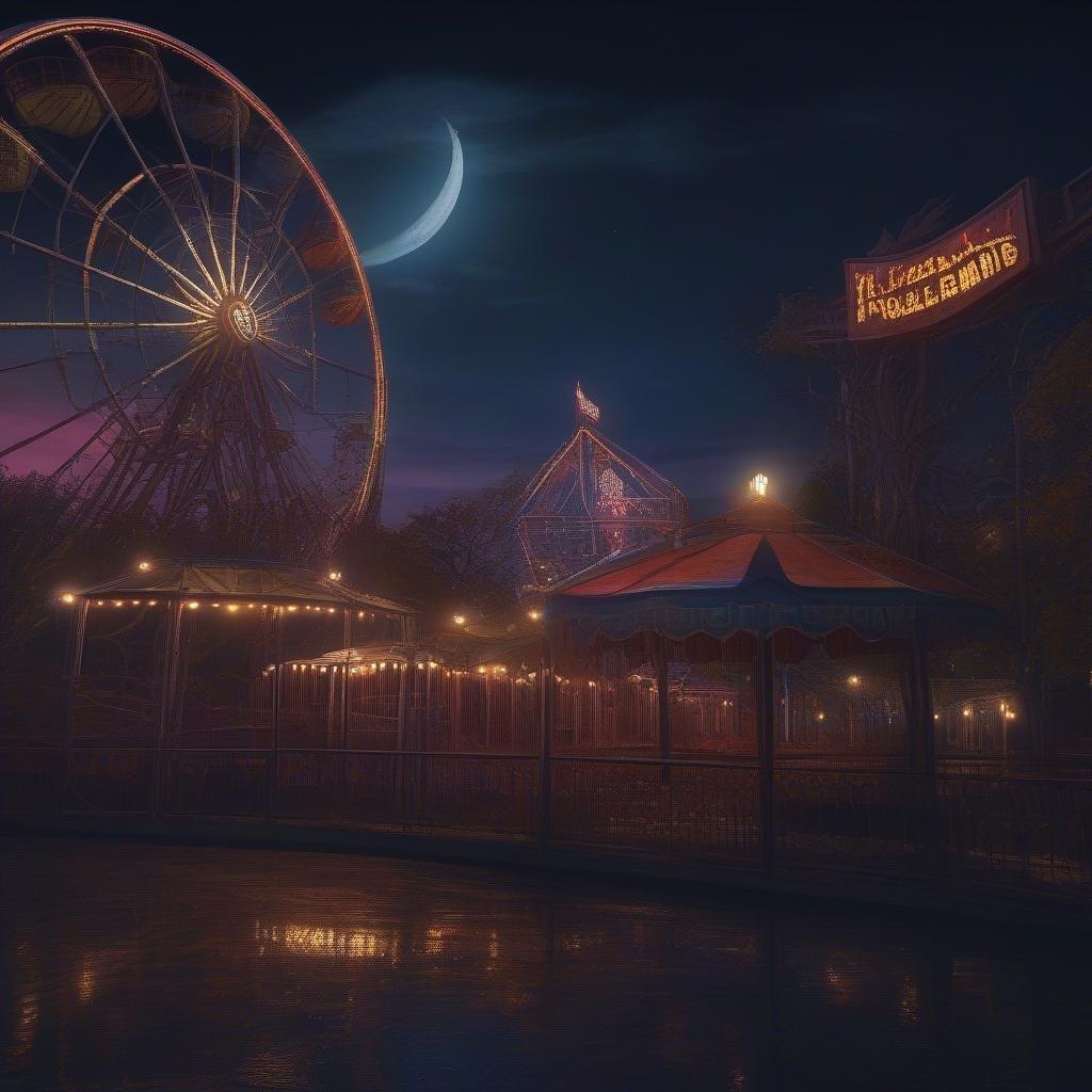 An inviting scene from the county fair, captured as night falls. The Ferris wheel stands tall against a darkening sky, with its twinkling lights casting a warm glow over the amusement park below.