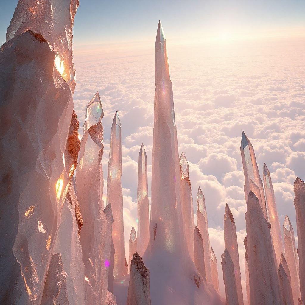 A surreal landscape where towering crystals pierce a cloudy sky, evoking a sense of wonder and the fantastical.