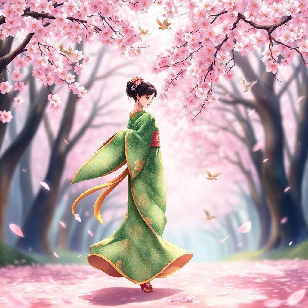 Step into a serene and vibrant world with this stunning anime illustration of a geisha dancing under the breathtaking beauty of cherry blossom trees.