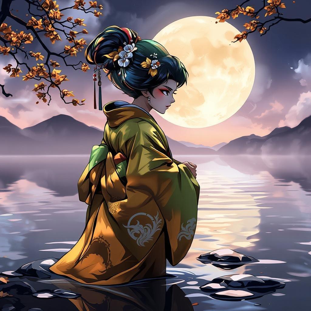 A stunning digital illustration of a geisha standing on a serene lake shore, its vibrant green and yellow body contrasting the dark background.