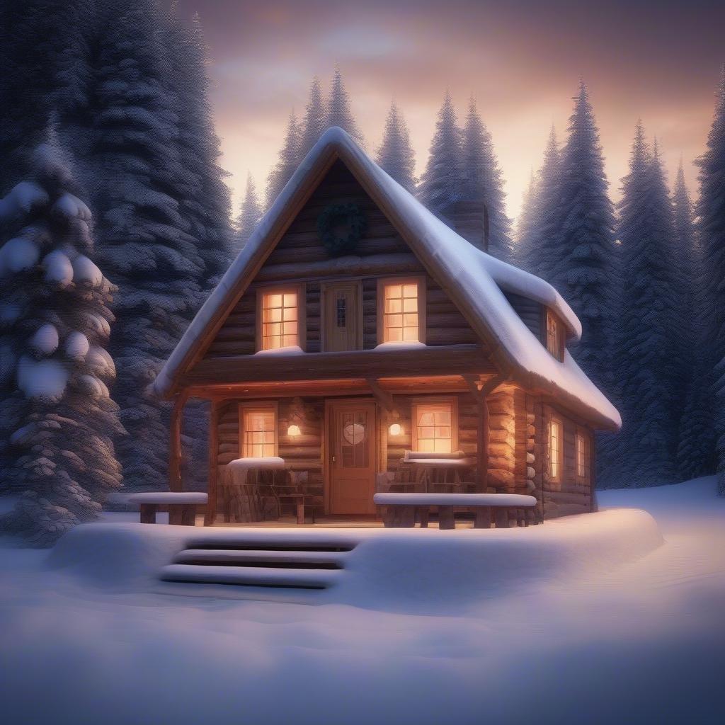 A serene winter landscape with a cozy cabin, snow-covered trees, and a warm fireplace. Perfect for a cold winter's night.