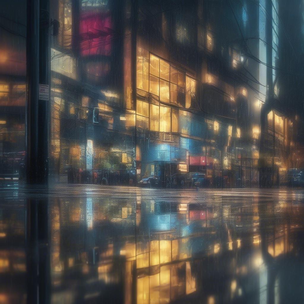 A moody and atmospheric nighttime cityscape, with a large building in the background and a wet road in the foreground.