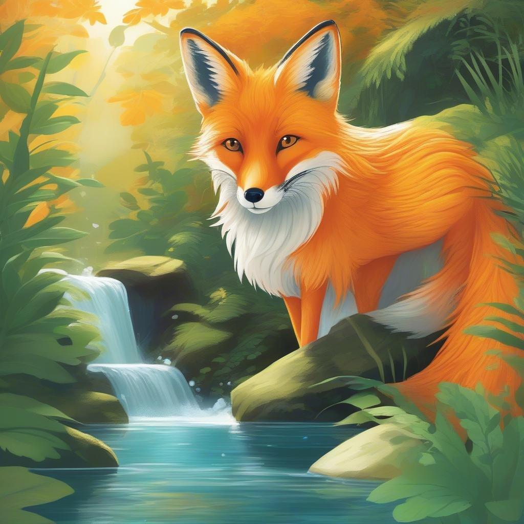 This anime fox wallpaper is a stunning digital illustration that captures a moment of tranquility. The fox's vibrant orange and yellow fur glistens in the sunlight, while its gaze is fixed on the viewer, hinting at an anime or video game. The lush forest background adds depth and texture to the image, making it perfect for desktop and mobile use.