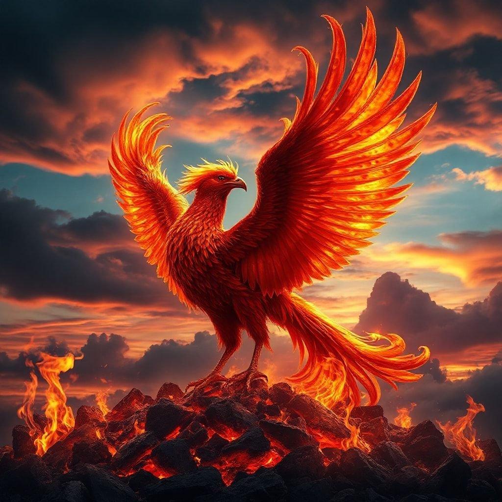 This fantasy wallpaper features a majestic phoenix rising from the ashes, its fiery plumage and outstretched wings creating a sense of awe and wonder.