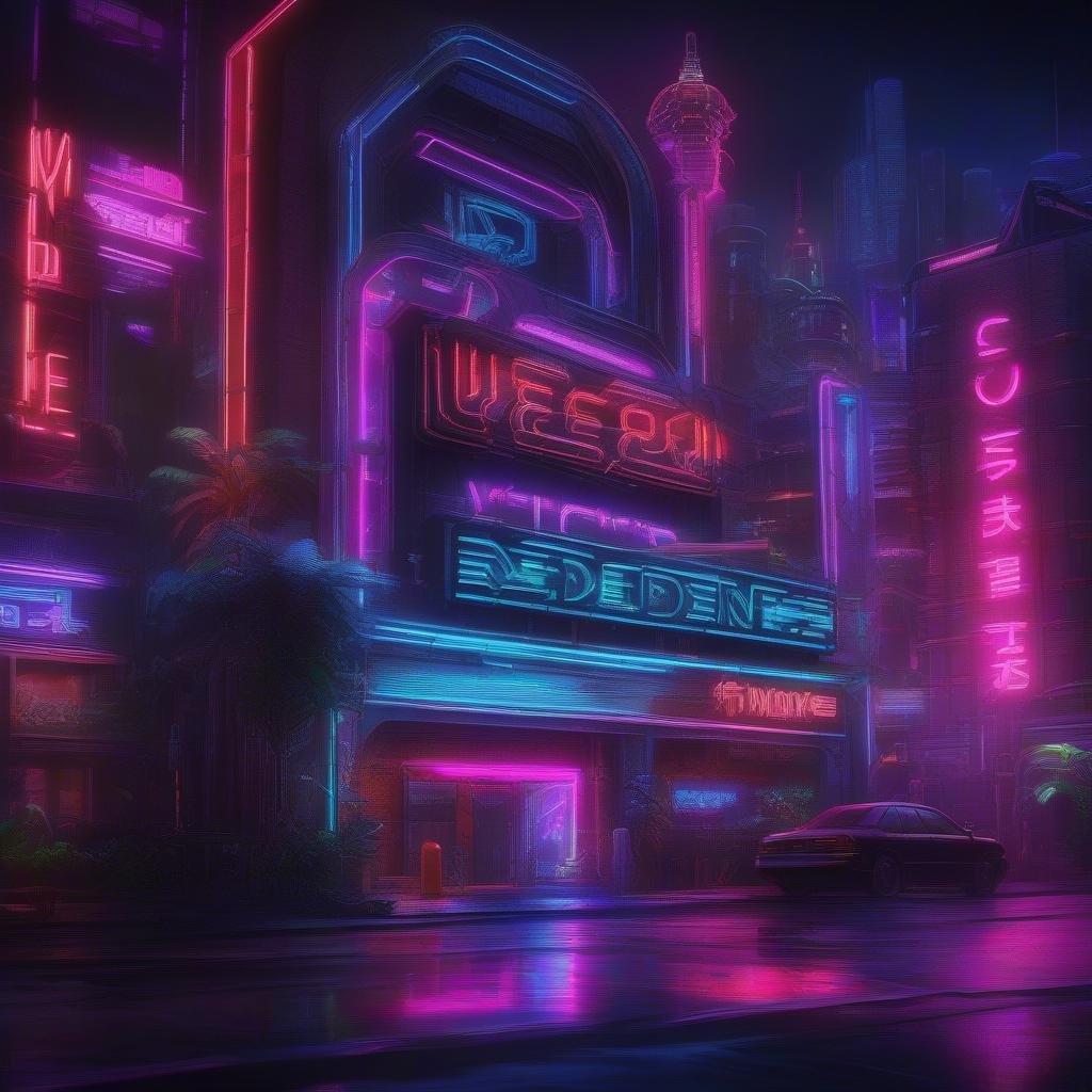 Neon ışıklar karanlık sokakları aydınlatırken yağmur ıslak kaldırımı çiziyor ve melankolik bir atmosfer yaratıyor. Bu siberpunk sahnesi Blade Runner şehrinde bulunabilir.