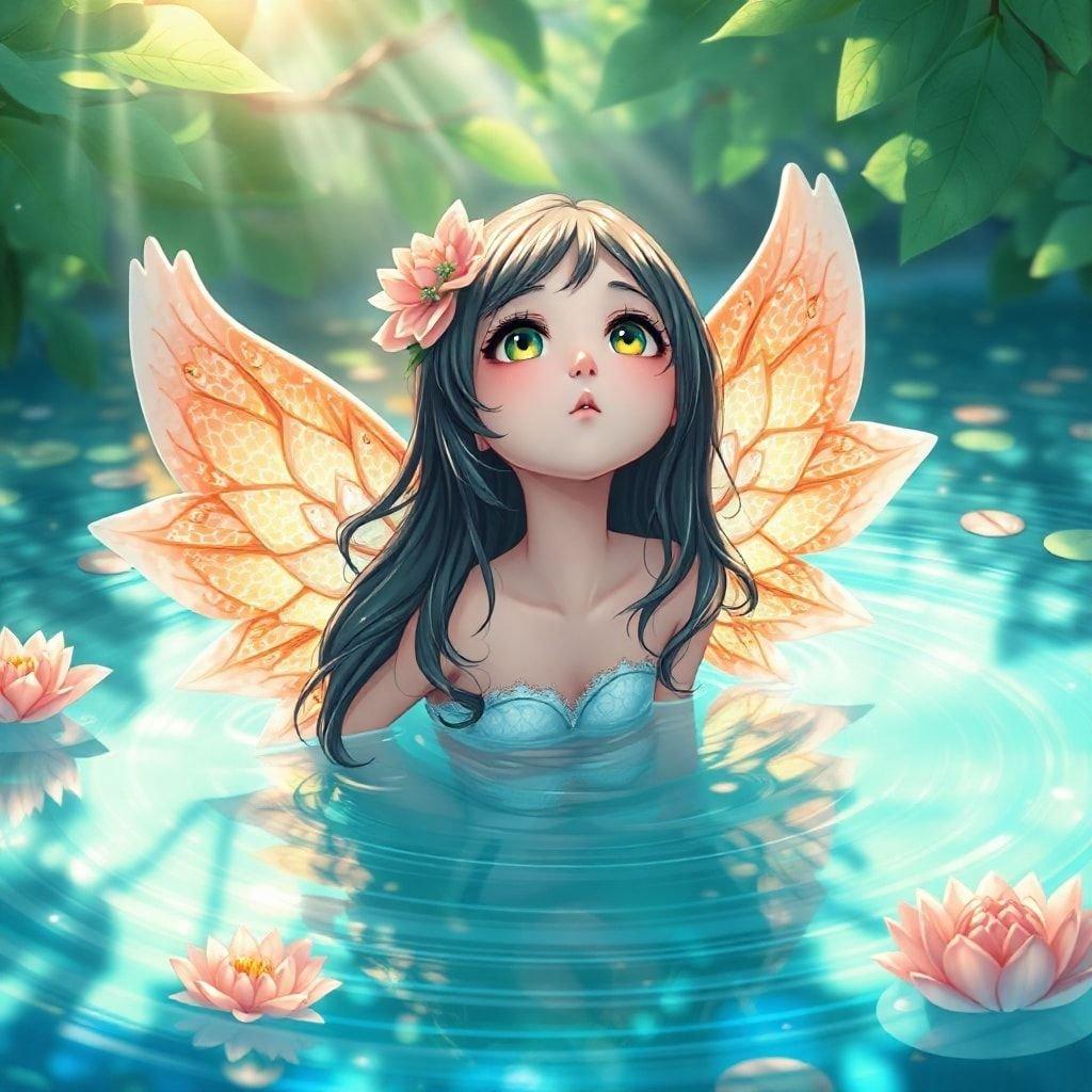 Esta encantadora ilustración de hada anime presenta a una chica con alas hechas de peces koi nadando a través de un sereno estanque, capturando un momento de tranquilidad.