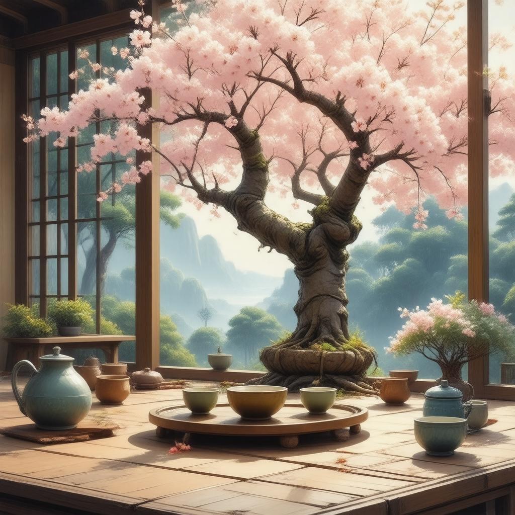 Mergulhe na beleza serena de uma cerimônia tradicional de chá japonesa, onde as delicadas flores de cerejeira na árvore adicionam um toque de fantasia à floresta tranquila.