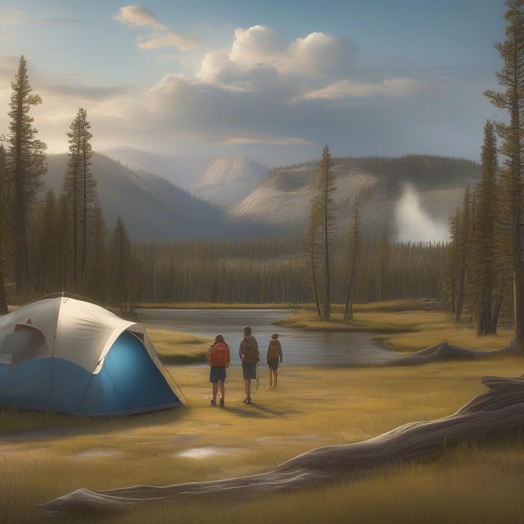 This image captures the serenity of a camping trip by the lake, with the tent pitched on the grassy shore and the calm water reflecting the surrounding trees and mountains. The sky is a brilliant blue with a few wispy clouds, and the overall atmosphere is one of peace and tranquility.