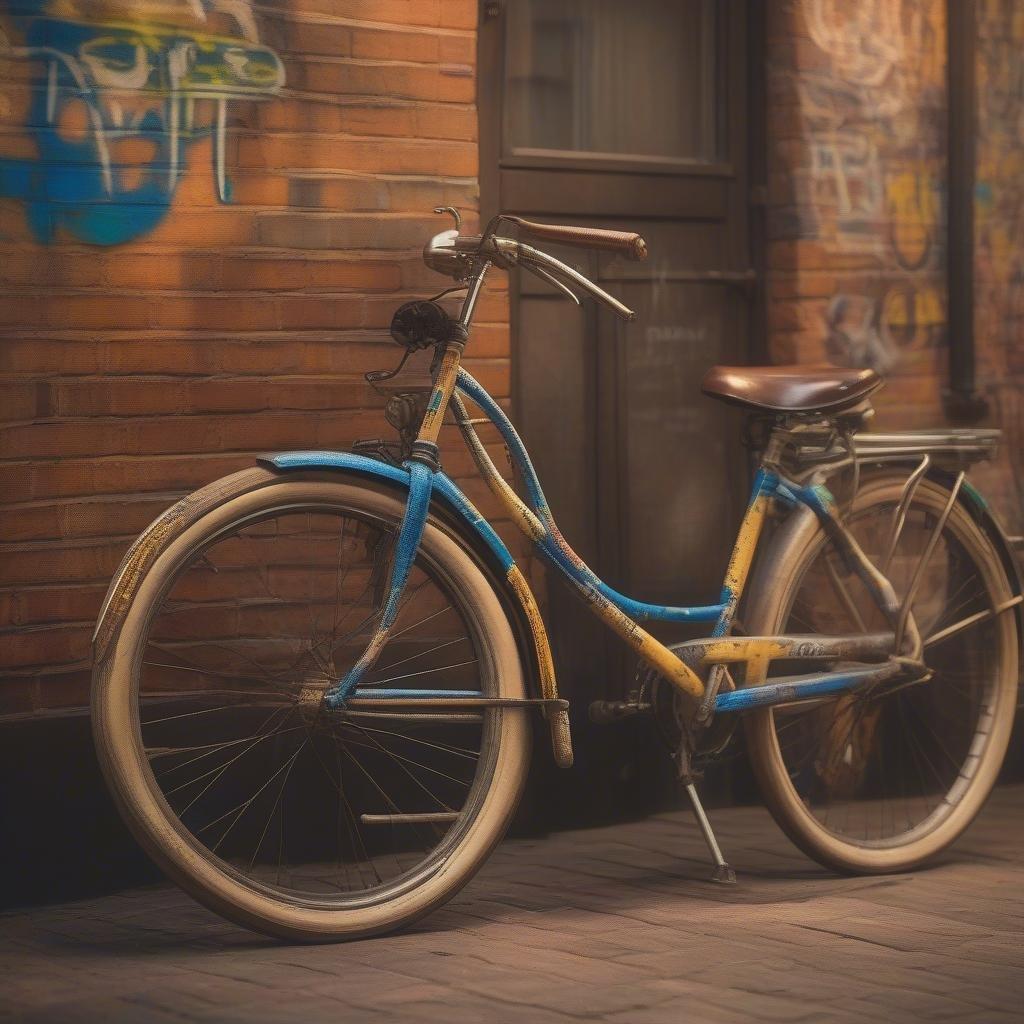 A vintage bicycle adds a nostalgic charm to the urban street scene. Its blue frame with yellow and white accents stands out against the brick wall backdrop, hinting at a city rich in history.