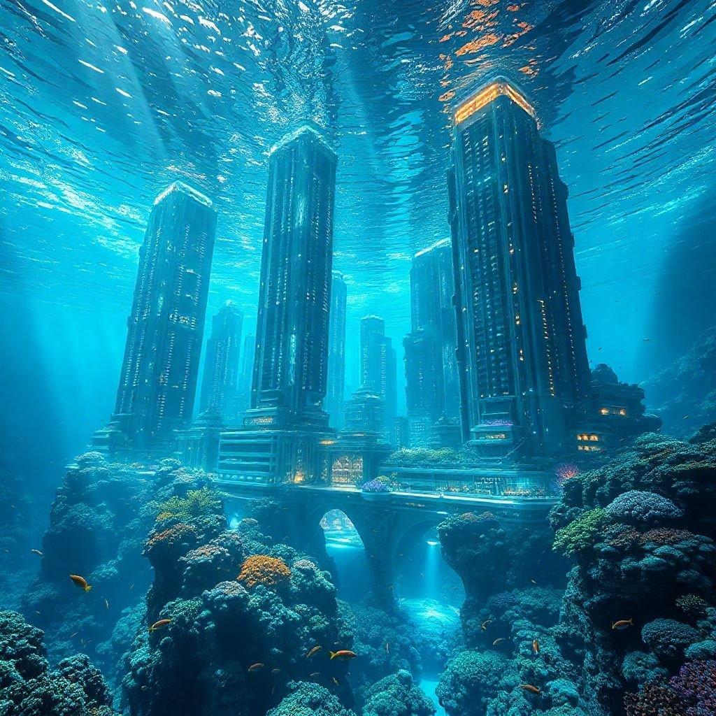 A city submerged beneath the ocean, where architecture meets marine life.