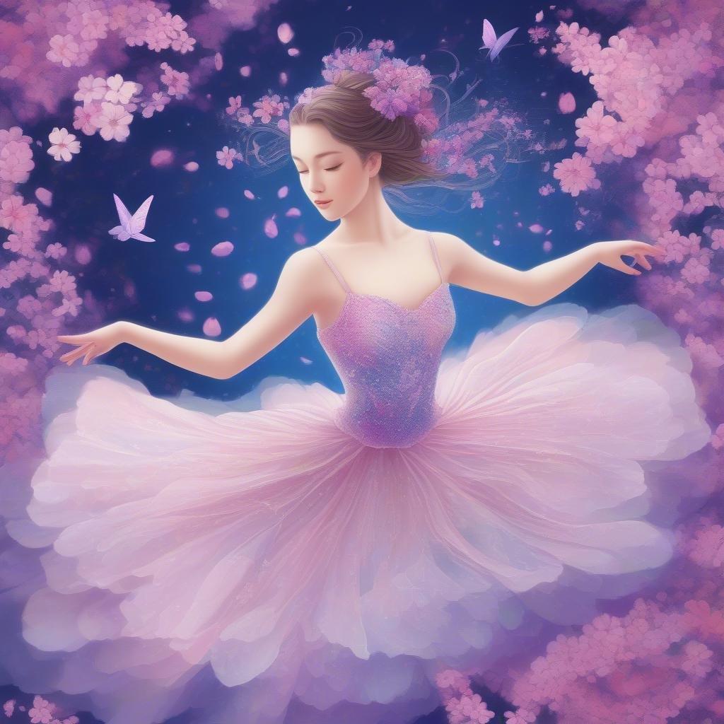 This wallpaper captures the elegance of ballerina artistry, blending it seamlessly with a dreamlike anime effect. The central figure, a ballerina in a flowing dress, is surrounded by a field of sakura petals and purple flowers that add to her ethereal beauty. The deep blue background provides a serene backdrop, allowing the colorful floral elements to stand out prominently.