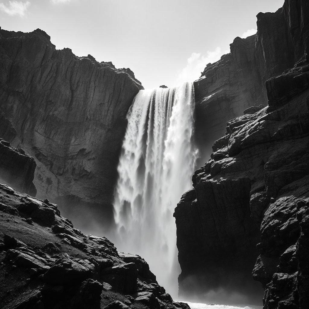 This stunning black and white photograph captures the breathtaking beauty of a waterfall cascading down a rocky cliffside, with the sun shining brightly in the background.