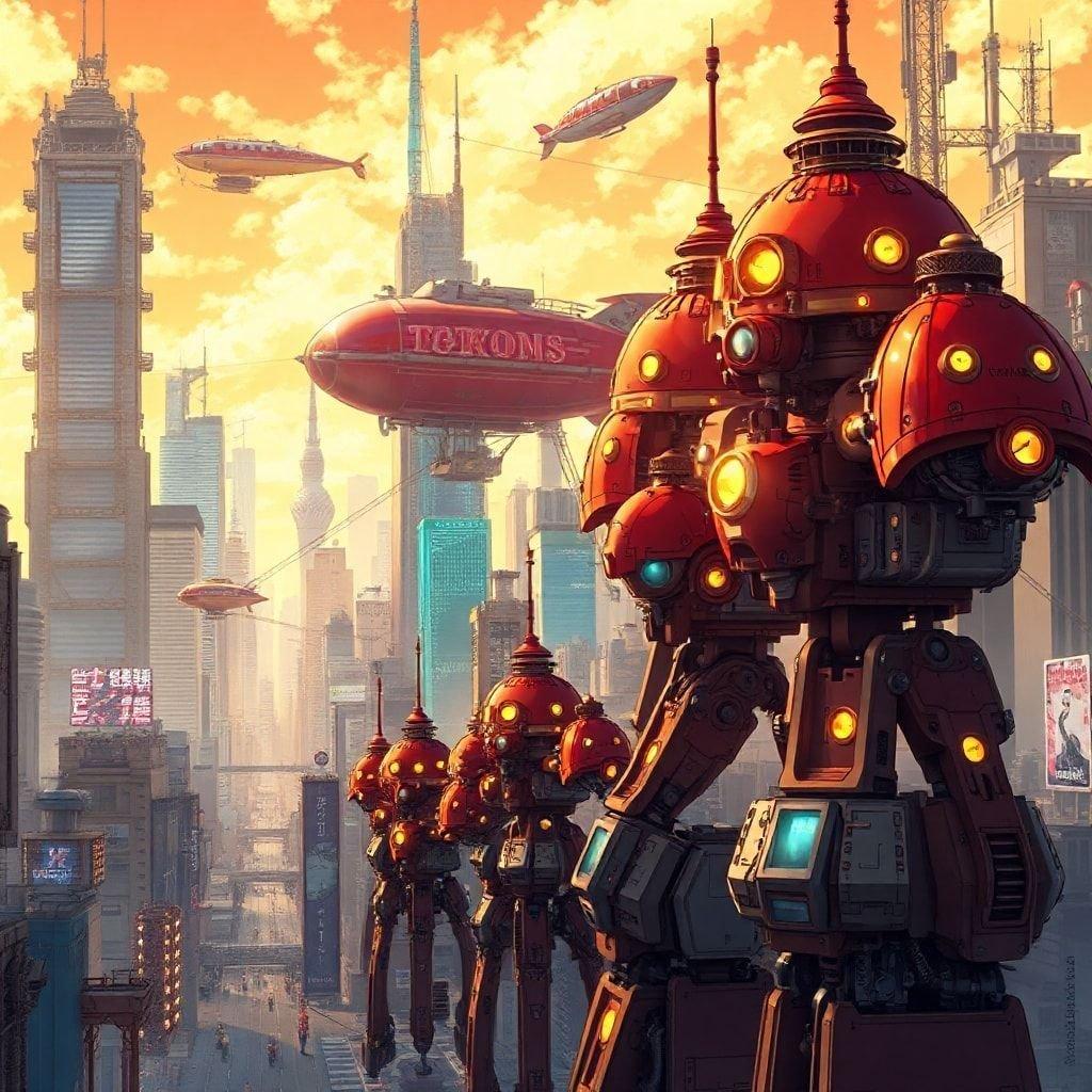 Görüntü, modern mimaride steampunk unsurlarını harmanlayan gelecekteki Tokyo silüetinin canlı ve detaylı bir anime illüstrasyonunu tasvir ediyor. Şehir, sıcak turuncu bir gökyüzünün altında yükselen gökdelenler ve binalarla dolup taşıyor. Ön planda, kırmızı çatılı robotlar ve hava gemileri karmaşık mekanik detayları ve parlayan ışıklarıyla öne çıkıyor. Bu makineler, sahnenin hareketli atmosferine katkıda bulunuyor.