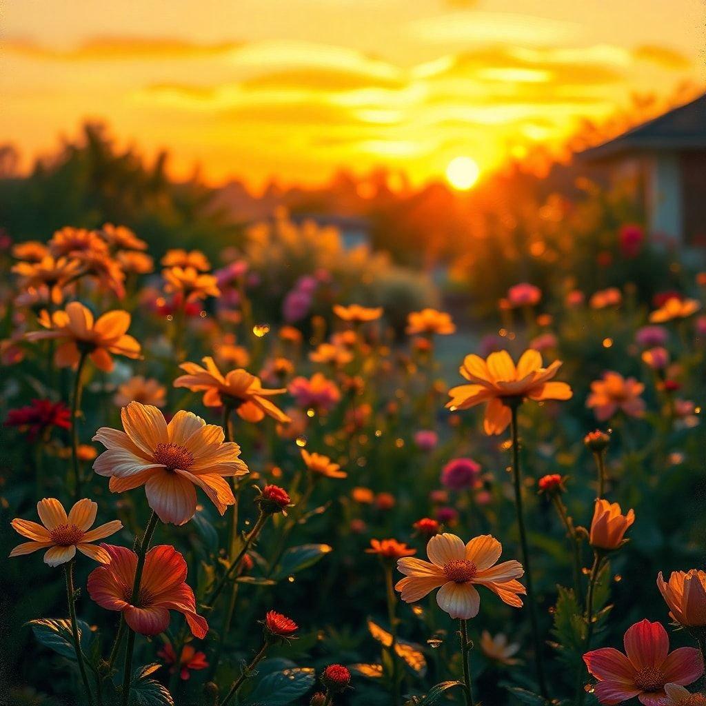 A vibrant garden scene capturing the warmth of sunset, as nature's colors blend with the sky.