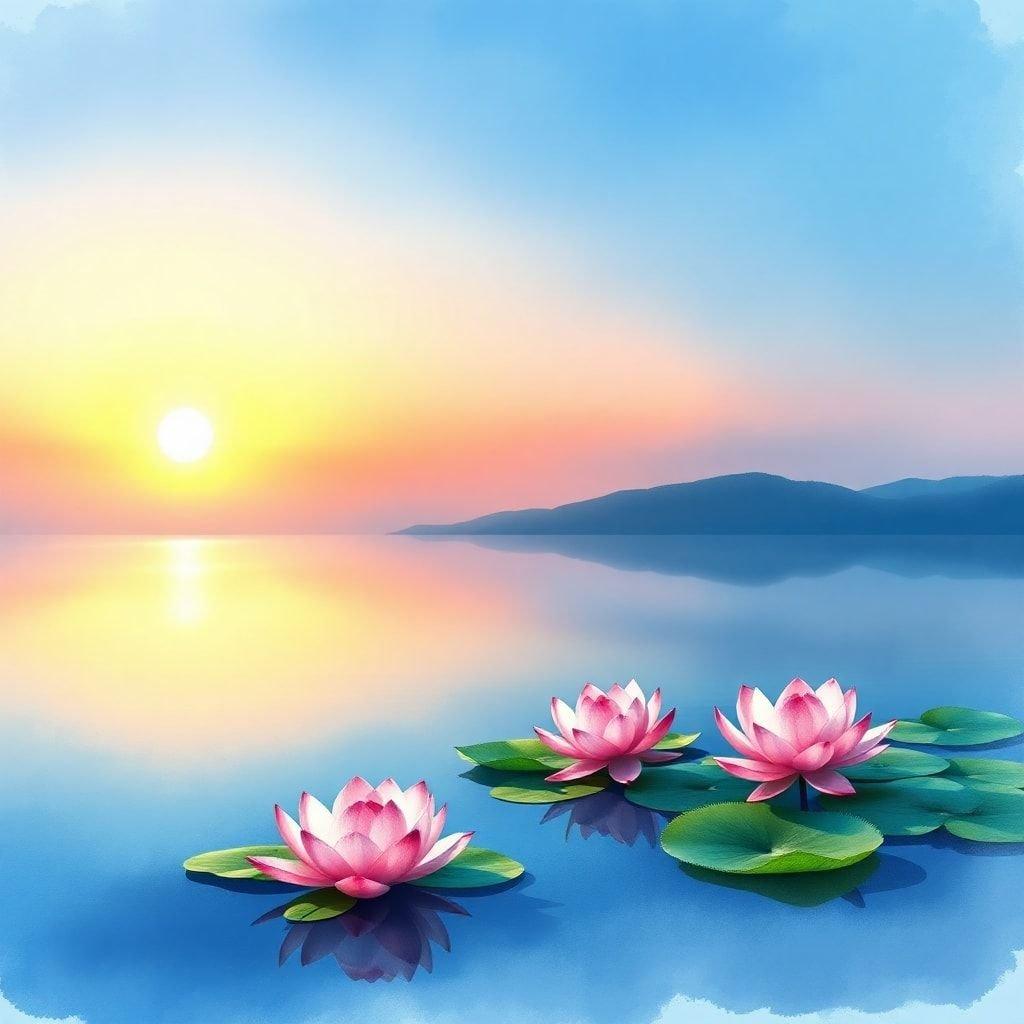 This digital art captures the tranquility of nature as the sun sets behind a mountain, reflected in the still waters of a serene lake where two vibrant lotus flowers bloom.