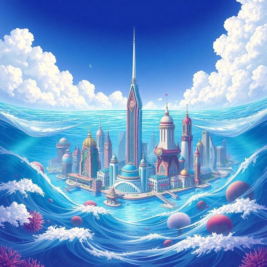 Sumérgete en el vibrante mundo del anime con este impresionante fondo de pantalla de ciudad submarina. La detallada ilustración digital muestra un reino fantástico, completo con estructuras imponentes y una arquitectura intrincada, ambientado contra un cielo azul y púrpura impresionante con nubes esponjosas.