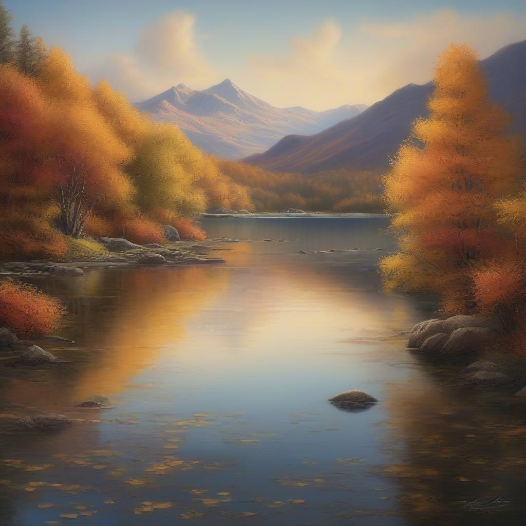 Escape to a world of tranquility with this breathtaking autumn landscape. The serene lake, majestic mountains, and vibrant fall foliage create a peaceful atmosphere that will leave you feeling calm and refreshed.