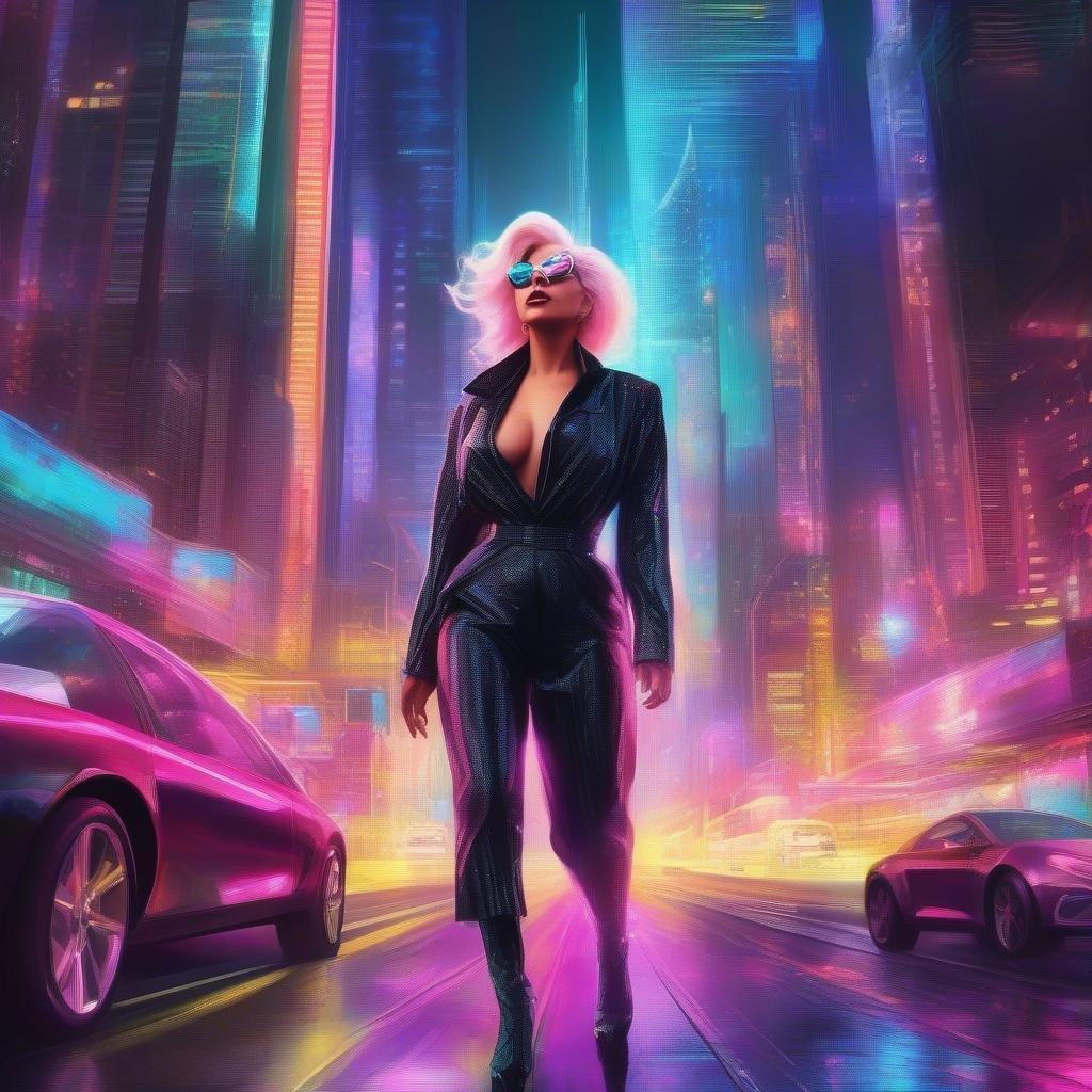 An iconic figure strides confidently through an illuminated cityscape, a beacon in her hand casting a path into the neon glow. The vibrant hues of the lights evoke a sense of the future, while the city's towering structures hint at a sprawling urban jungle.