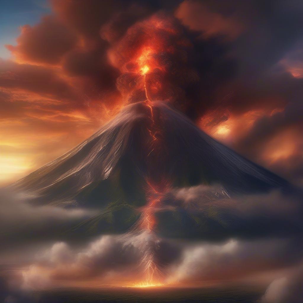 An artistic depiction of a powerful volcanic eruption at sunset. The sky is aglow with the fire from the molten lava, creating a dramatic backdrop for the imposing mountain.