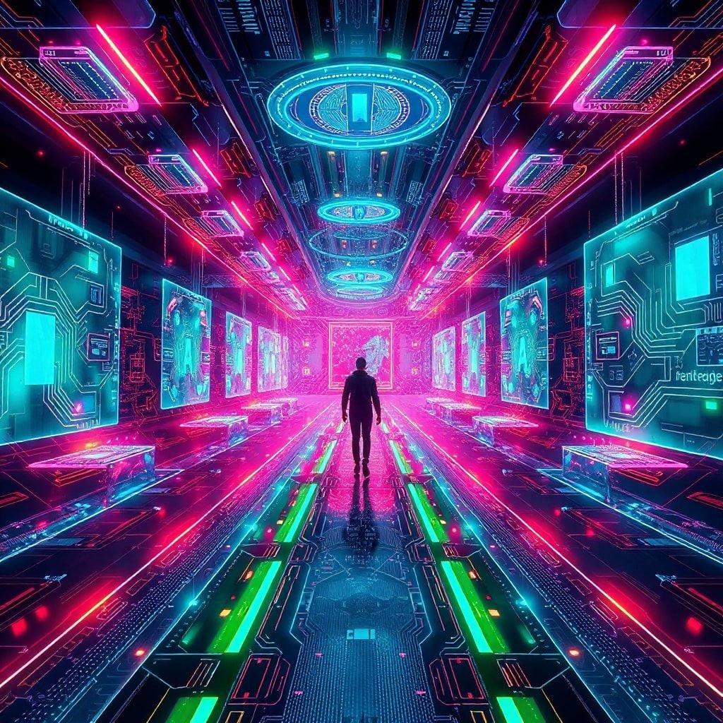 Immerse yourself in the vibrant world of technology with this stunning neon-themed wallpaper.