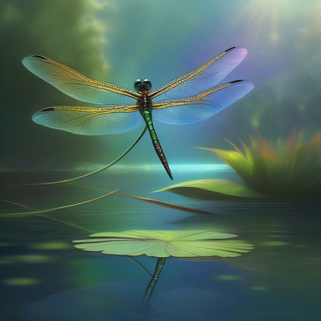 Experience the enchanting beauty of this fantastical creature floating serenely over a tranquil pond, evoking the allure of mythical realms.