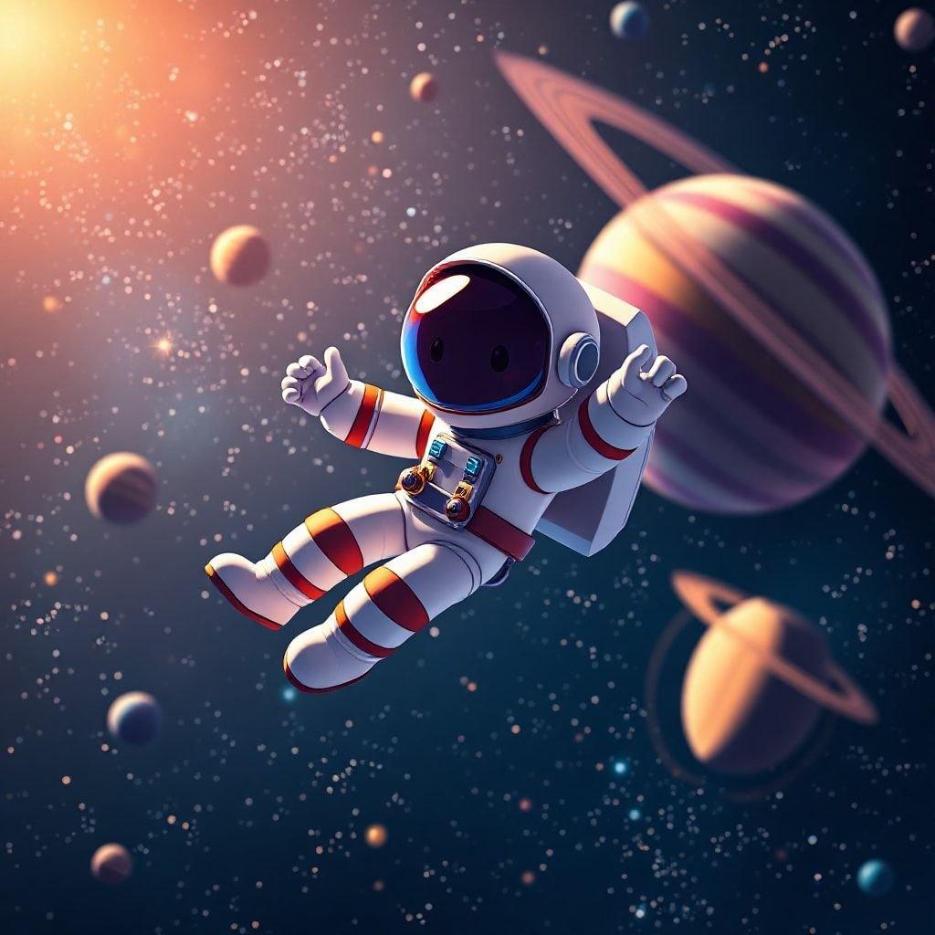 This image captures the thrill of space exploration as an astronaut floats through the cosmos, surrounded by the beauty of distant planets and stars.