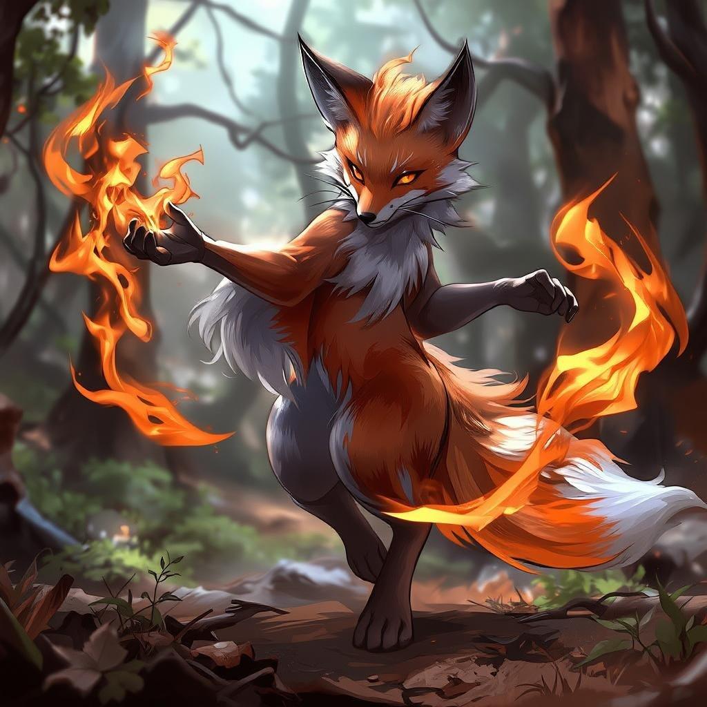 Dieses fesselnde Bild zeigt eine detaillierte Anime-Illustration eines Fuchsgeistes, der mit feurigen Flammen tanzt. Der Fuchs, mit seinem lebhaften orangefarbenen Fell und dem kontrastierenden weißen Fell auf der Brust und den Ohren, sticht hervor gegen die verschwommenen grünen und braunen Töne des Hintergrunds des alten Waldes. Die magische Atmosphäre wird durch den ätherischen Glanz um die Form des Geistes verstärkt, während er einen Stab schwingt, um die lodernden Flammen zu kontrollieren, die seinen Körper umhüllen.