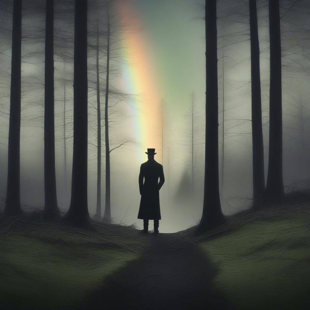 This stunning wallpaper image captures the essence of St. Patrick's Day with a vibrant rainbow in the middle of a forest. The image features a silhouette of a man in a long coat and top hat standing in front of the rainbow, creating a sense of depth and dimension. The rainbow is depicted in a soft, pastel color scheme, adding a touch of whimsy and magic to the scene. The forest background is dark and moody, with tall trees and misty fog creating a sense of mystery and wonder. Overall, this image is a beautiful representation of the holiday's spirit and would make a great addition to any desktop or mobile wallpaper collection.