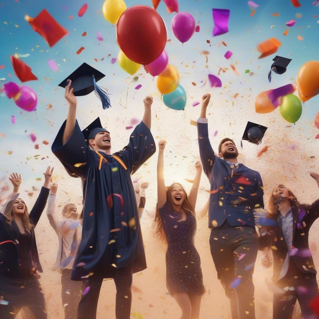 This joyful graduation photo captures the excitement and pride of achieving one's educational milestone. A diverse group of students, including a mix of men and women, are seen celebrating with confetti and balloons filling the air. Their accomplishment is marked by their academic gowns and caps, symbols of their hard-earned success.