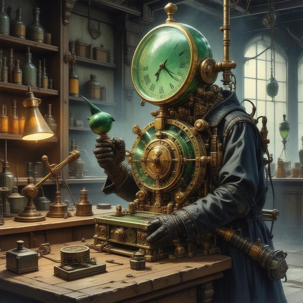 Adéntrate en el mundo del steampunk con esta cautivadora ilustración digital de un inventor trabajando arduamente en su laboratorio. El intrincado mecanismo y la maquinaria son de un verde impresionante, con una gran cara de reloj central, una pequeña esfera y un pequeño pájaro posado sobre ella. El fondo es una habitación borrosa y misteriosa con algunas estanterías y una lámpara de escritorio, lo que añade a la sensación de intriga y descubrimiento.