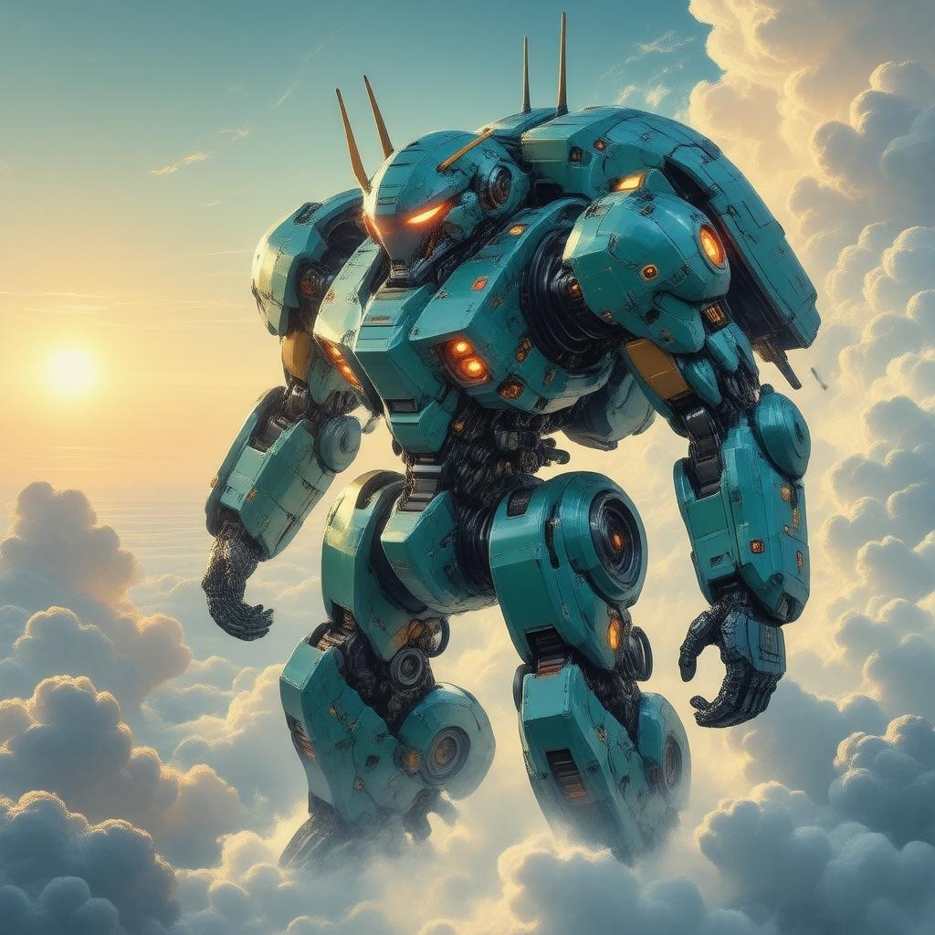 Denna fantastiska anime-illustration visar en futuristisk mecha-robot som svävar genom molnen, dess lysande röda ögon och intrikata design fängslar betraktaren.