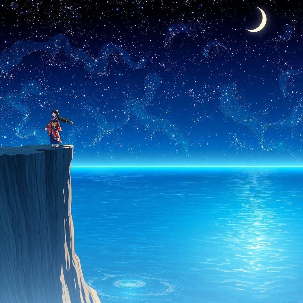 A serene anime scene featuring a woman in a stunning kimono-like dress standing on the edge of a cliff, gazing out at the vast ocean below, surrounded by a starry sky and a crescent moon.