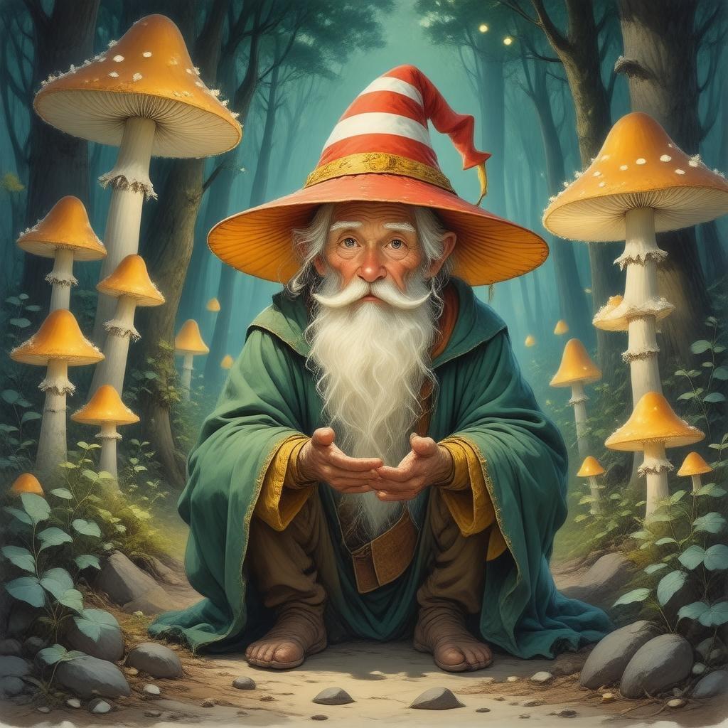 Meet the wise old sage, the guardian of ancient secrets and keeper of the forest's mystical aura. Seated amidst the tall, glowing mushrooms, he gazes thoughtfully into the distance, embodying the serene calm of nature's wonders.