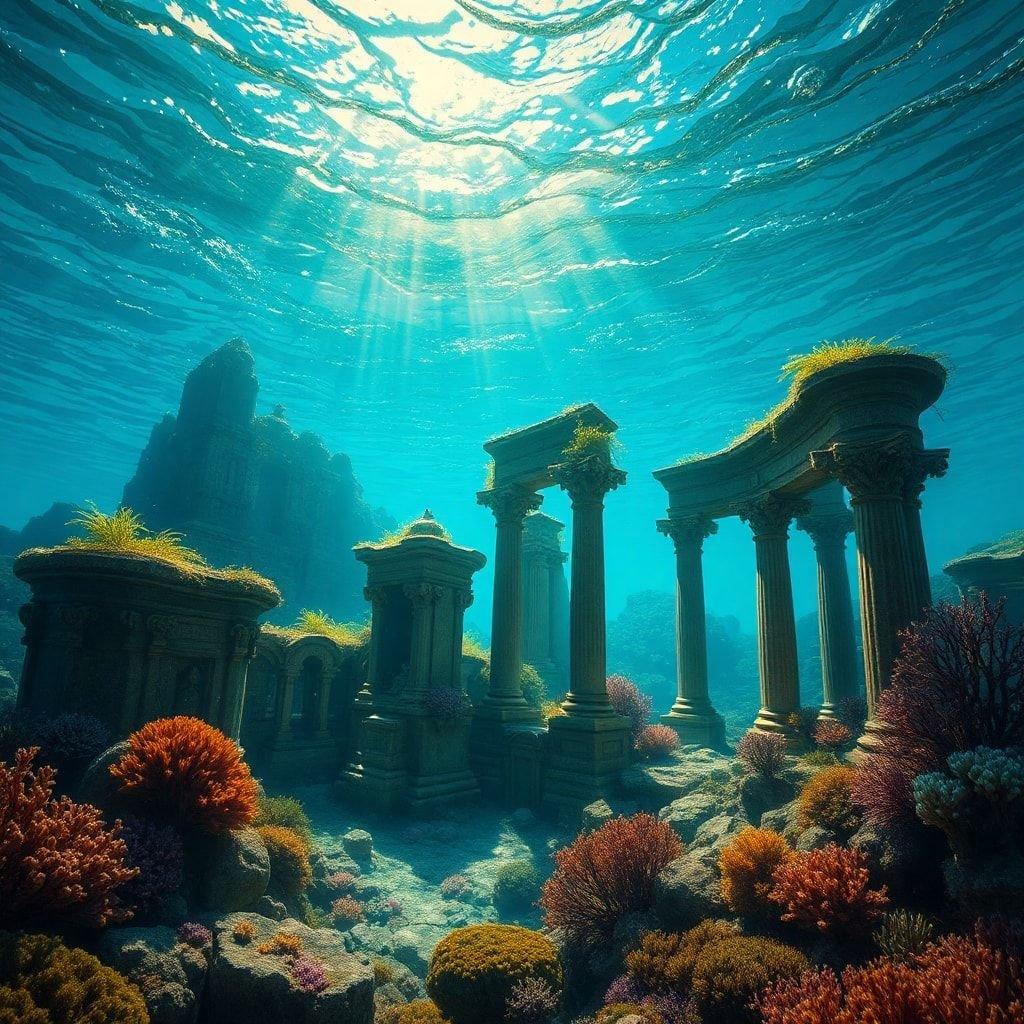 Un ancien temple sous-marin, apparemment intact par le temps, repose sous la surface dans des eaux cristallines. Le soleil brille à travers les profondeurs, illuminant les structures en pierre et projetant une lueur chaleureuse sur les coraux et la vie marine environnants.